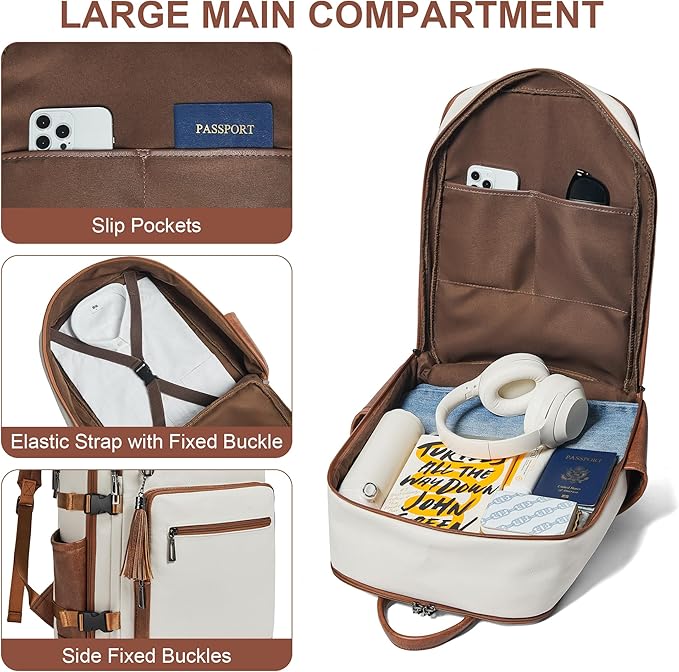 Shrrie Laptop Backpack for Women,Vegan Leather Backpack Work Computer Backpacks fits 16" Laptop,Water Resistant Teacher Nurse Casual Daypack for Weekender Camping Travel,Beige with Brown