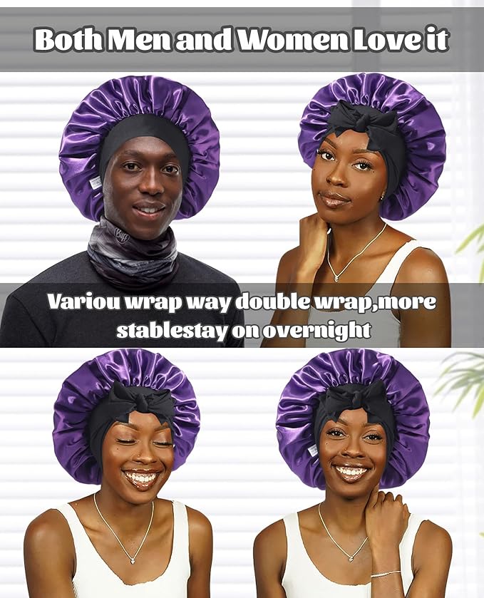 Satin Bonnet Silk Bonnet for Sleeping Silk Sleep Cap Double Layer Hair Bonnet with Elastic Tie Band for Curly Hair Night Cap(Black+Dark Purple)