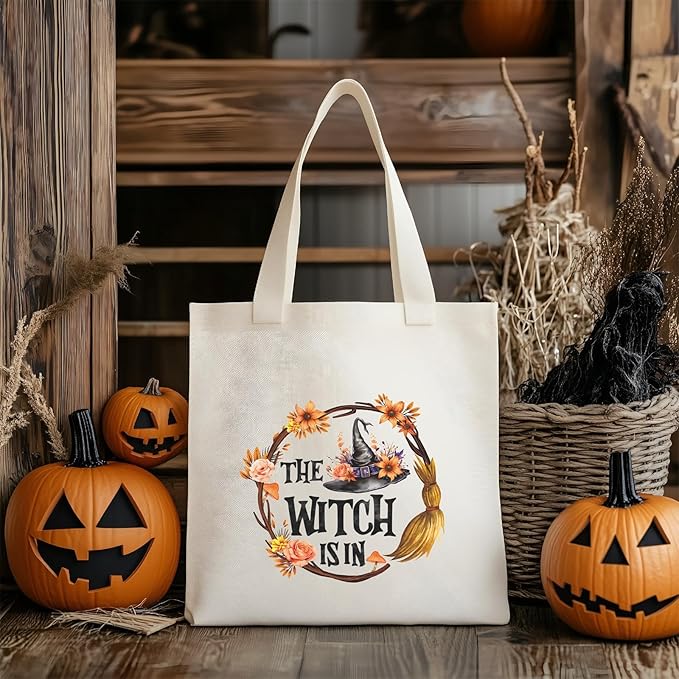 Halloween Tote Bag Retro Halloween Canvas Bag Witch Hat Cotton Canvas Tote Bag for Women Gift Holiday Reusable Grocery Bag Shoulder Bag