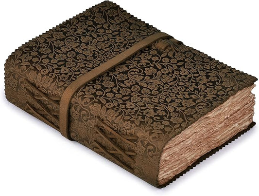LEATHER VILLAGE Leather Bound Floral Embossed Journal for Women Men - 200 Pages, 10X7 Inches, Brown - Book of Shadows, Vintage Blank Paper Travel Diary, Notebook for Writing, Drawing, Sketchbook
