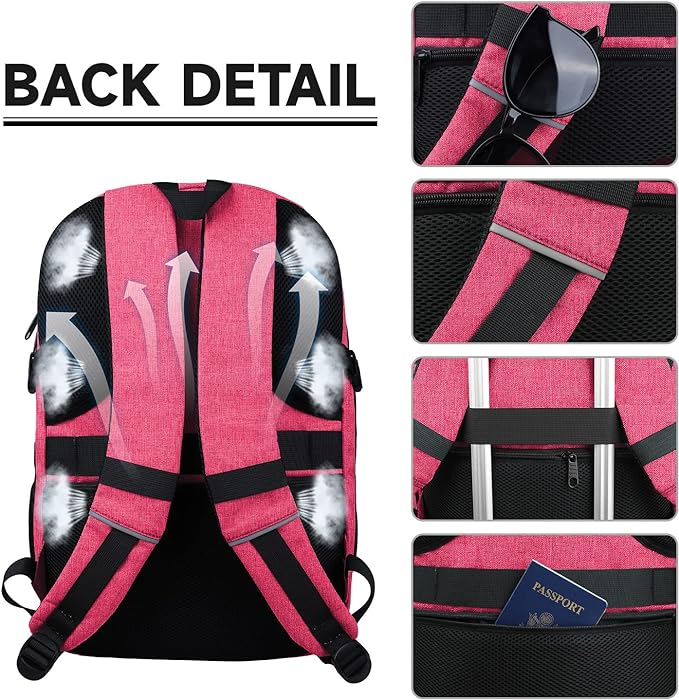 Lapsouno Travel Laptop Backpack, 15.6 Inch Travel Laptop Backpack, Water Resistant Casual Hiking Daypack, Computer Bag with USB Port, College School Business Backpack for Women, Pink