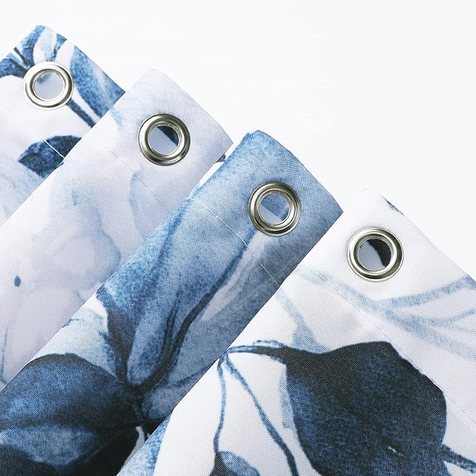 Gibelle Long Shower Curtain 72 x 78, Navy Blue Floral Shower Curtain for Bathroom, Watercolor Plant Eucalyptus Leaves Fabric Shower Curtain Set with Hooks