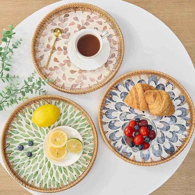 Round Rattan Tray for Home Decor 11.8 inch, Modern and Boho Decor Serving Tray with Mother of Pearl Inlay, Wicker Basket for Coffee Table, Hand Woven Decorative Tray Plates (Black)