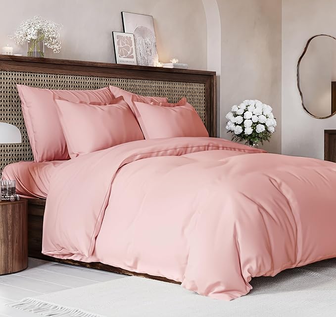 Duvet Cover King Size Set - Extra Soft King Size Duvet Cover 104 x 90 with 2 Pillow Shams - Hotel Luxury Easy Care and Fade Free w/Zipper Closures & Ties - Comfy Breathable Bedding Set (Baby Pink)