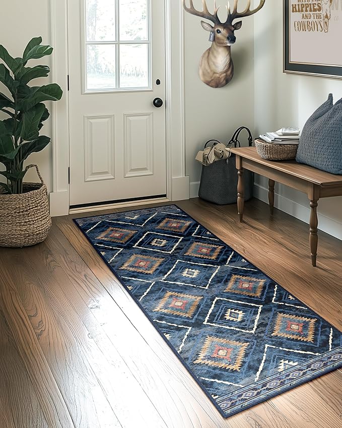 Area Rug 2x3 Rug Machine Washable Non-Slip Low Pile Print Pattern Western Rug for Living Room Bedroom Entryway Tribal Series -Darkblue