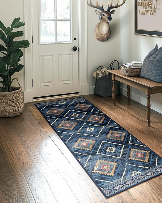 Area Rug 2x6 Rug Machine Washable Non-Slip Low Pile Print Pattern Western Rug for Living Room Bedroom Entryway Tribal Series -Darkblue