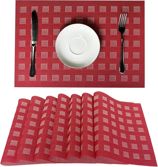 Placemat,Blending Color Durable Woven Vinyl Placemat Washable Heat-Resistant Anti-Skid Kitchen Dining Table Mats (Set of 8, Red)