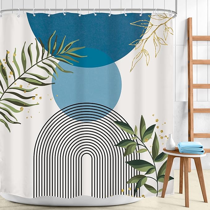 Blue Boho Modern Shower Curtain 72Wx72H Mid Century Abstract Gold Green Leaves Sun Arch Minimalist Geometric Aesthetic Plant Bathroom Decor Neutral Bath Curtain Fabric Polyester 12 Pack Hooks