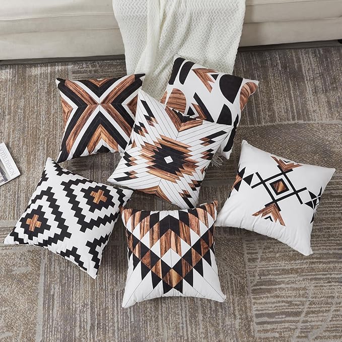 Aztec Throw Pillow Covers Set of 6,Rustic Southwestern Western Brown Wooden Texture Home Decor Ethnic Farmhouse Outdoor Couch Decorative Cushion Case 18"X18"