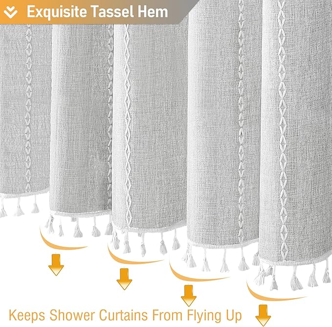BTTN Gray Boho Farmhouse Shower Curtain, Linen Rustic Weighted Striped Fabric Shower Curtain Set with Tassel, Water Repellent, Bohemian Vintage Country Cloth Shower Curtain for Bathroom, Grey, 72x72
