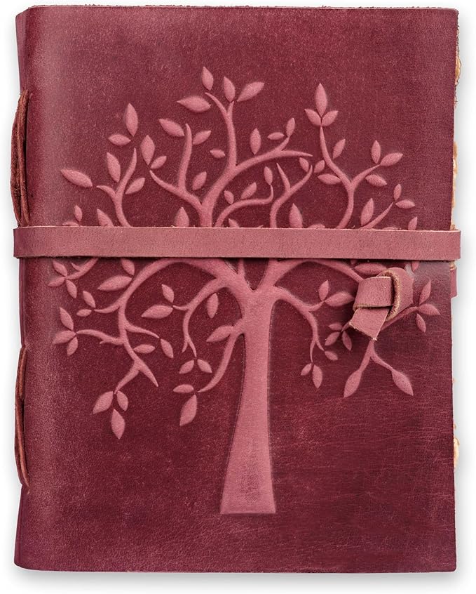 LEATHER VILLAGE Tree of Life Journal - 10 X 7 inches - Fuchsia - 200 Antique Deckle Edge Handmade Paper – Book of Shadows - Vintage Leather Bound Journal for Women & Men