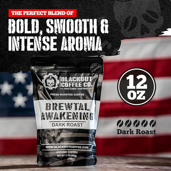 Blackout Coffee Brewtal Awakening Ground Coffee – Dark Roast, Bold Flavor – Freshly Roasted 12oz Bag, American Made