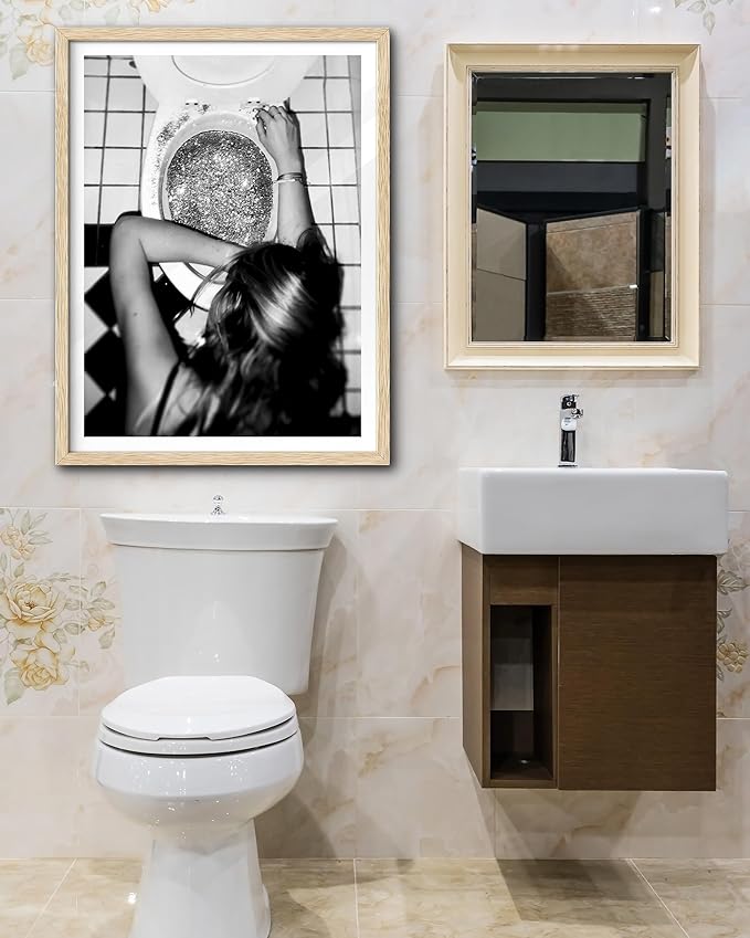 EcoHest Trendy After the Disco Party Framed Wall Art, Large 16x20 in OAK Wood Black and White Funny Bathroom Canvas Art, Teen Girl Poster College Dorm Decor, Set of 1 for Bedroom Living Room