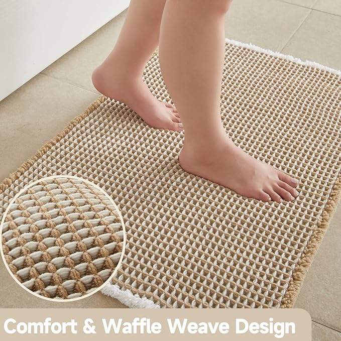 Waffle Bath Mat, Boho Bathroom Rugs Non Slip Washable Super Absorbent Quick Dry Bath Mat Farmhouse Bathroom Decor, 24"x16" Khaki and White
