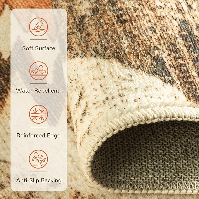 Area Rug 6x6 Rug Machine Washable Non-Slip Low Pile Print Pattern Western Rug for Living Room Bedroom Entryway Tribal Series -Cream/Camel