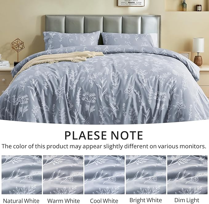 MUXHOMO Duvet Cover King Size, Reversible Floral Grey Duvet Cover Set with Zipper Closure, 3 Pieces Botanical Patterns Soft Microfiber Bedding Set (90"x104", 2 Pillow Cases 20"×36")