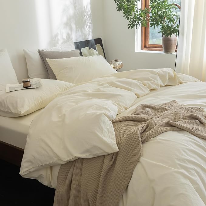 FOSSA Duvet Cover Set 100% Washed Cotton Linen Feel Super Soft Breathable Cozy 3 Pieces Bedding Sets Solid Cream White Queen