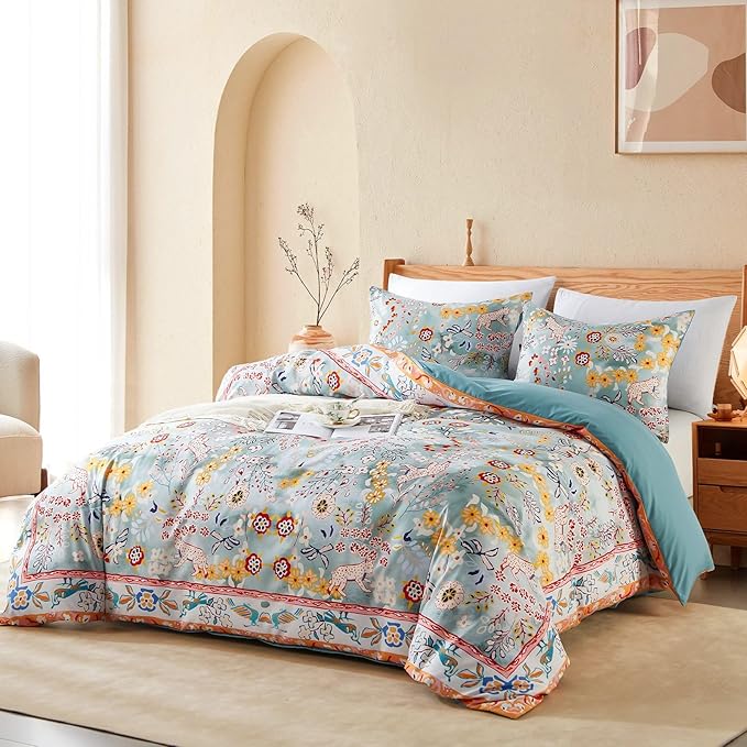 Cupocupa Bohemian King Duvet Cover Set, Vintage Floral Animal Print Bedding with Reversible Teal Lining, Zipper Closure & Corner Ties, Soft Breathable Light Blue Colorful Comforter Cover for Bedroom
