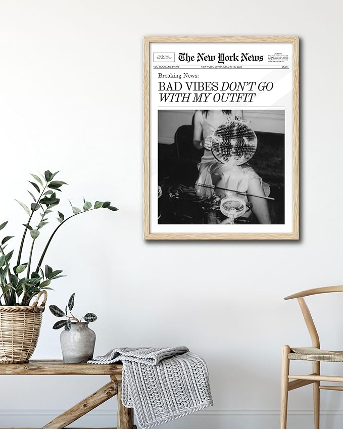 EcoHest Trendy Newspaper Magazine Framed Wall Art, 16x20 in Large OAK Wood Bad Vibes Don't Go With My Outfit Disco Bar Canvas Wall Art, Preppy Retro Home Decor For Bedroom Living Room 1Pack