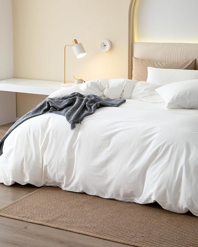 JIYUAN 100% Washed Cotton Duvet Cover Set 3 PCS Super King Plus, 1 Duvet Cover 120x120 Inches(Comforter Not Included) and 2 Pillowcases,Linen Feel Bedding Set Comfy and Breathable,Bright White