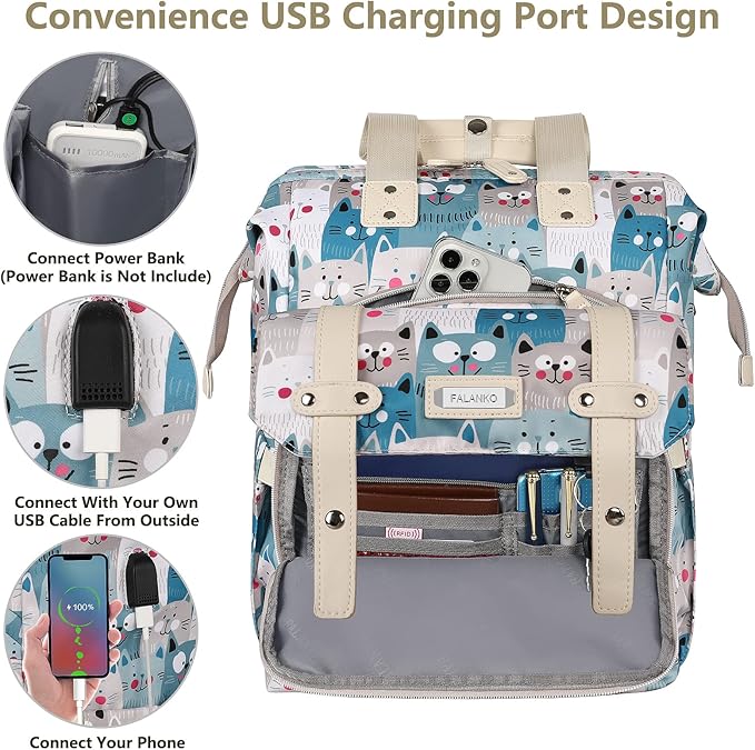 FALANKO Laptop Backpack for Women,Teacher Doctor Nurse Work Purse Bag for 15.6 Inch Laptop,Cute Cartoon Pattern backpack With USB Charging Port RFID Anti Theft Pocket, Large Travel Bookbag for Women