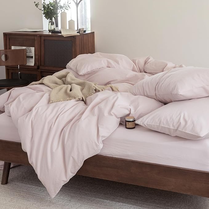 FOSSA Duvet Cover Set 100% Washed Cotton Linen Feel Super Soft Breathable Cozy 3 Pieces Bedding Sets Solid Greyish Pink Full/Double