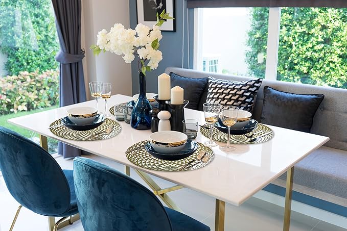 Vinyl Round Placemats Set of 4 - Non Slip Place Mats Ideal for Indoor and Outdoor Dining Table - Washable and Heat Resistant Table Mat for Kitchen Tables (Hunter Gold)