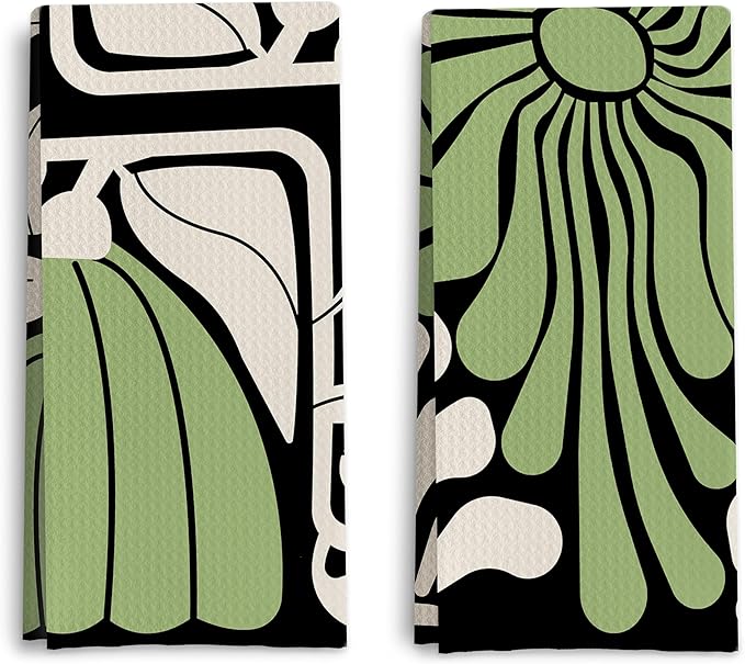 Abstract Boho Green and Beige Floral Kitchen Towels Set of 2, Retro 70s Groovy Floral Hand Towels for Bathroom Decor, Modern Minimalist Botanical Dish Tea Towels for Kitchen Decor, 16x24 Inch