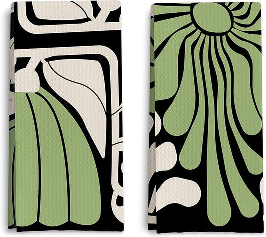 Abstract Boho Green and Beige Floral Kitchen Towels Set of 2, Retro 70s Groovy Floral Hand Towels for Bathroom Decor, Modern Minimalist Botanical Dish Tea Towels for Kitchen Decor, 16x24 Inch