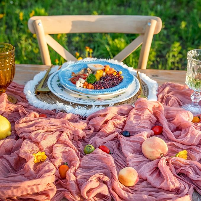 6 Pack 10FT Dusty Blush Boho Cheesecloth Table Runners 35x120 Inch Gauze Table Runner Rustic Cheese Cloth Romantic Table Runners for Baby Shower Decoration Wedding Birthday Party Table Decor
