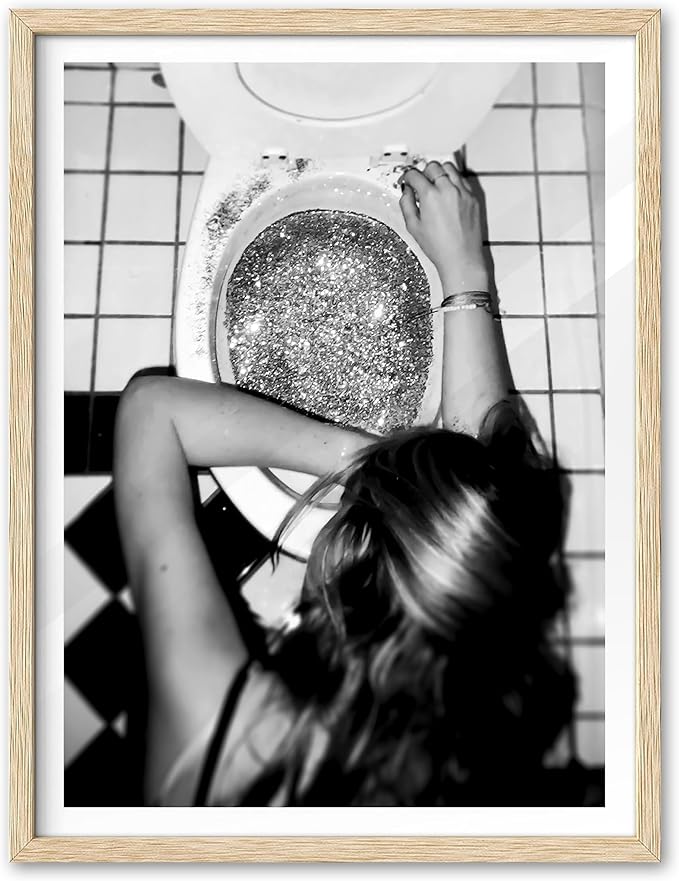 EcoHest Trendy After the Disco Party Framed Wall Art, 12x16 in OAK Wood Black and White Funny Bathroom Canvas Art, Teen Girl Poster College Dorm Decor, Set of 1 for Bedroom Living Room