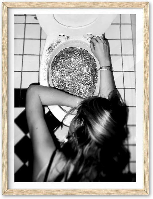 EcoHest Trendy After the Disco Party Framed Wall Art, Large 16x20 in OAK Wood Black and White Funny Bathroom Canvas Art, Teen Girl Poster College Dorm Decor, Set of 1 for Bedroom Living Room