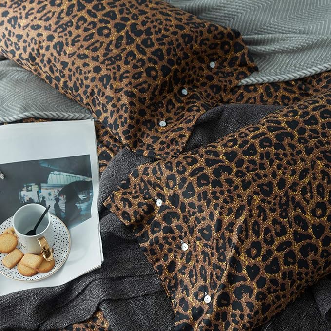 mixinni Leopard Print Duvet Cover King Size Long Staple Cotton Bedding Set with Zipper Closure Ties, Perfect for Man and Woman, Ultra Soft and Easy Care (3pcs, King Size)