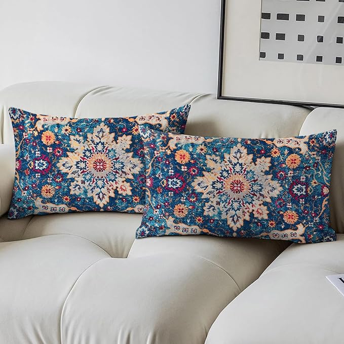 Boho Throw Pillow Covers 12x20 inch Set of 2,Boho Vintage Carpet Pattern Antique Ethnic Decor Double Sided Pattern Cushion Cover Soft Pillow Case Living Sofa Room Bed Square Pillow Cover