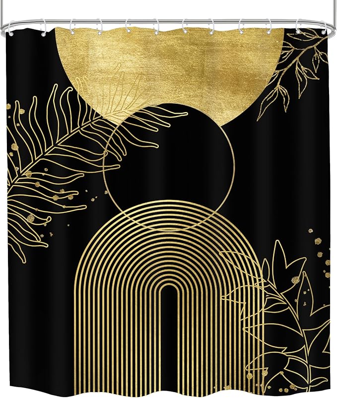 Black Gold Boho Shower Curtain 60Wx72H Mid Century Modern Abstract Leaves Plant Sun Bathroom Decor Minimalist Geometric Arch Line Vintage Aesthetic Bath Curtain Fabric Polyester 12 Pack Hooks