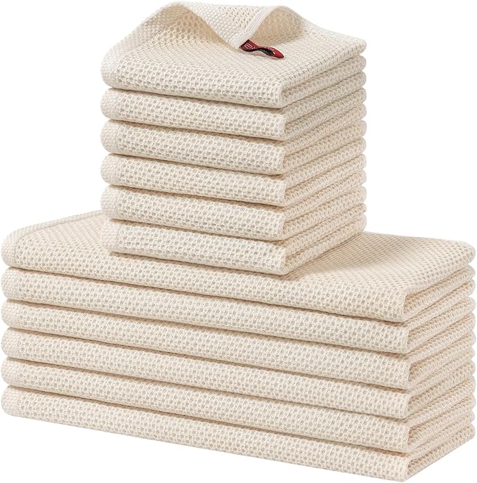 Homaxy 100% Cotton Kitchen Towels and Dishcloths Set, 12 x 12 Inches and 13 x 28 Inches, Set of 12 Bulk Kitchen Towels Set, Ultra Soft Absorbent Dish Cloths for Washing Dishes, Beige