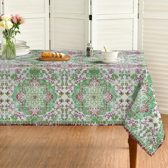 Horaldaily Boho Bohemia Style Tablecloth 52×70 Inch Rectangular, Green Vintage Country Rustic Farmhouse Magical Fall Orange Washable Seasonal Table Cover for Party Picnic Dinner Decor