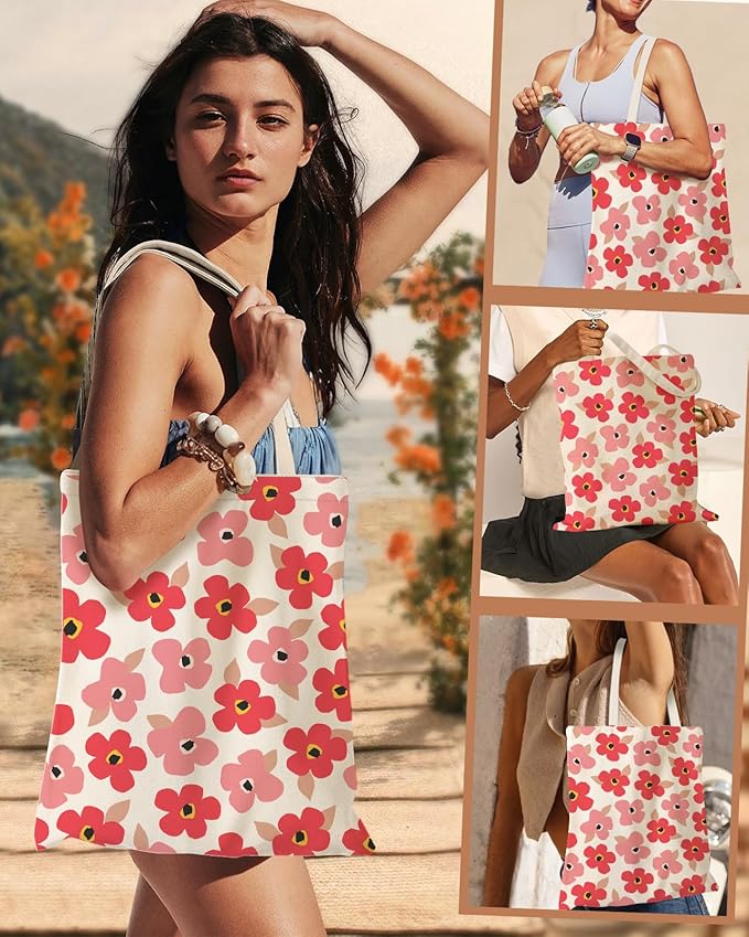 Aesthetic Canvas Tote Bag with Inner Pocket for Women, Cloth Cotton Totes Bag with Pattern for Shopping, Gym