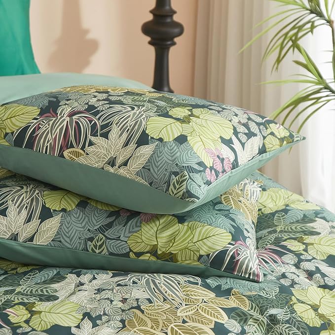 mixinni 100% Cotton Tropical Botanical Green Leaves Duvet Cover Queen Tree Plant Print Leaf Duvet Cover 3Pcs Bedding Set 1 Duvet Cover with Zipper Ties 2 Pillowcases Perfect for Him and Her Easy Care