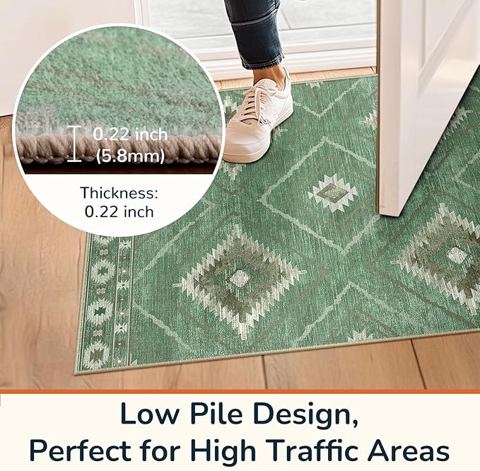 Area Rug 6x9 Rug Machine Washable Rug Non-Slip Low Pile Print Pattern Western Rug for Living Room Bedroom Entryway Tribal Series -Sage