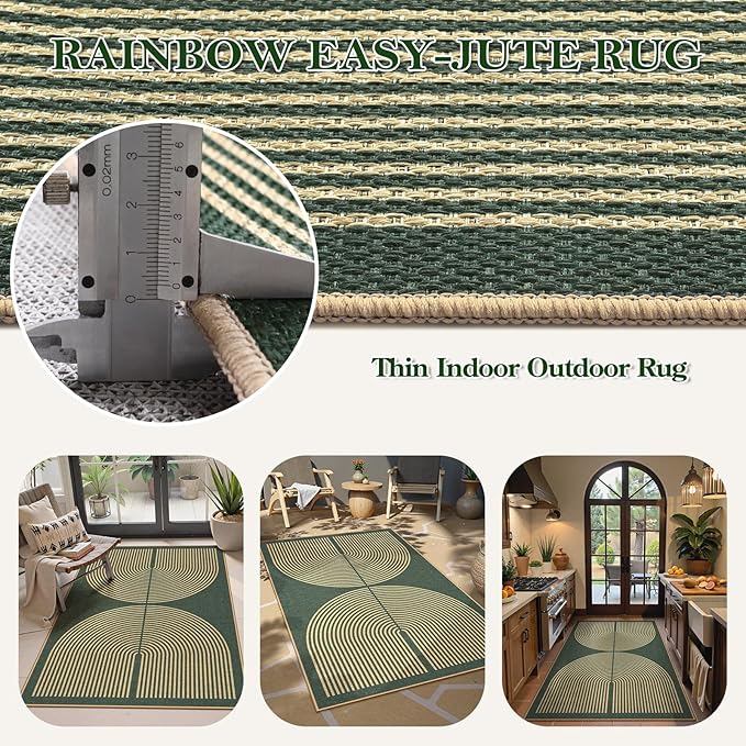 Lahome Modern Rainbow Easy Jute Entry Rug, 3x5 Washable Outdoor Patio Porch Rug, Farmhouse Non Slip Non Shedding Dark Green Carpet for Dorm Living Room Deck Front Door Kitchen