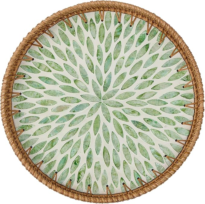 Round Rattan Tray for Home Decor 11.8 inch, Modern and Boho Decor Serving Tray with Mother of Pearl Inlay, Wicker Basket for Coffee Table, Hand Woven Decorative Tray Plates (Green)
