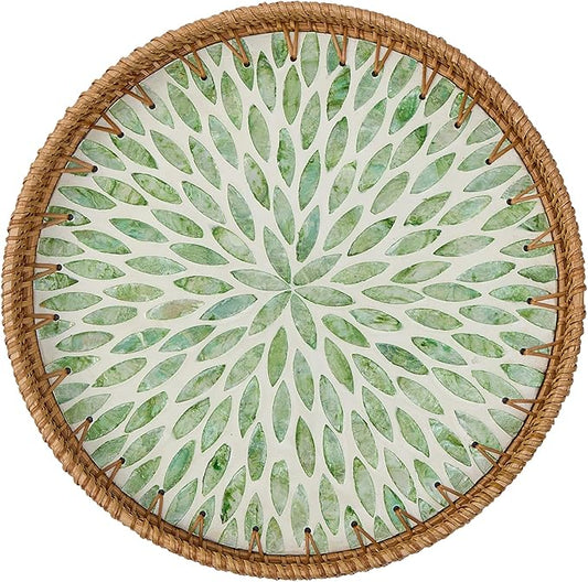Round Rattan Tray for Home Decor 11.8 inch, Modern and Boho Decor Serving Tray with Mother of Pearl Inlay, Wicker Basket for Coffee Table, Hand Woven Decorative Tray Plates (Green)