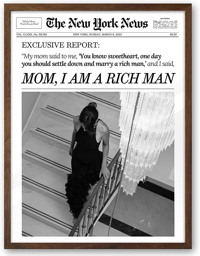 EcoHest Trendy Newspaper Framed Wall Art, Walnut Color 12x16 in OAK Wood Mom I Am a Rich Man Canvas Art, Magazine Girly Poster College Dorm Decor, Set of 1 for Bedroom Living Room