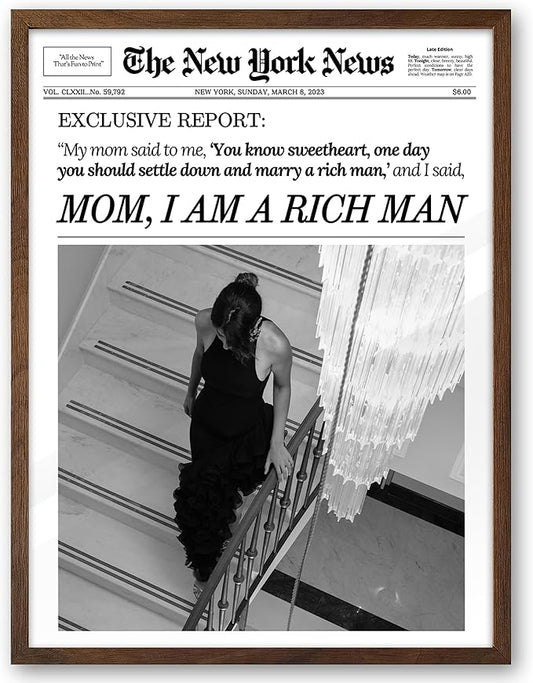 EcoHest Trendy Newspaper Framed Wall Art, Walnut Color 12x16 in OAK Wood Mom I Am a Rich Man Canvas Art, Magazine Girly Poster College Dorm Decor, Set of 1 for Bedroom Living Room