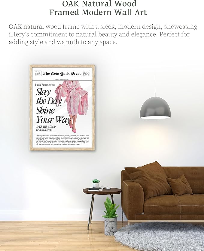 iHery Natural OAK Wood Retro Vintage Pink News Framed Wall Art, 12x16 in Slay the Day Shine Your Way Canvas Wall Decor, Modern Trendy Newspaper Bedroom Decor, Set of 1 For Bathroom Living Room