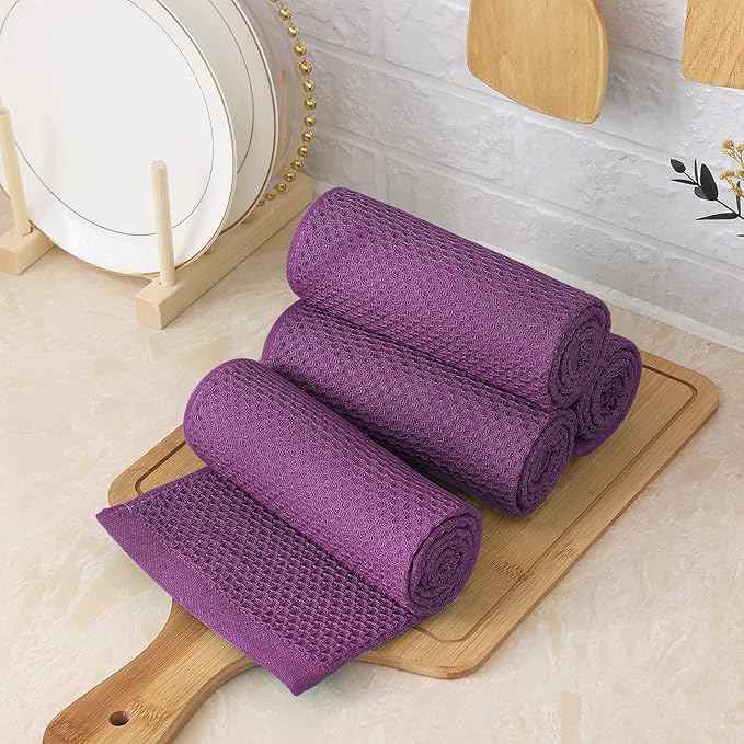 Homaxy 100% Cotton Waffle Weave Kitchen Towels, 13 x 28 Inches Super Absorbent and Machine Washable Dish Towels for Drying Dishes, 4-Packs, Purple