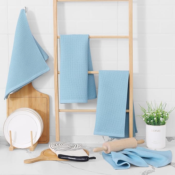 Homaxy 100% Cotton Waffle Weave Kitchen Dish Towels, Ultra Soft Absorbent Quick Drying Cleaning Towel, 13 x 28 Inches, 8-Pack, Sky Blue
