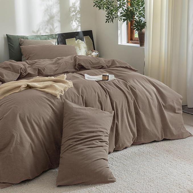 FOSSA Duvet Cover Set 100% Washed Cotton Linen Feel Super Soft Breathable Cozy 3 Pieces Bedding Sets Solid Pale Brown Super King Plus