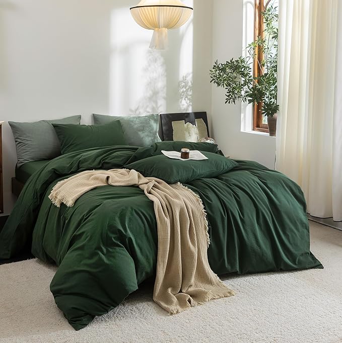 FOSSA Duvet Cover Set 100% Washed Cotton Linen Feel Super Soft Breathable Cozy 3 Pieces Bedding Sets Solid Forest Green King